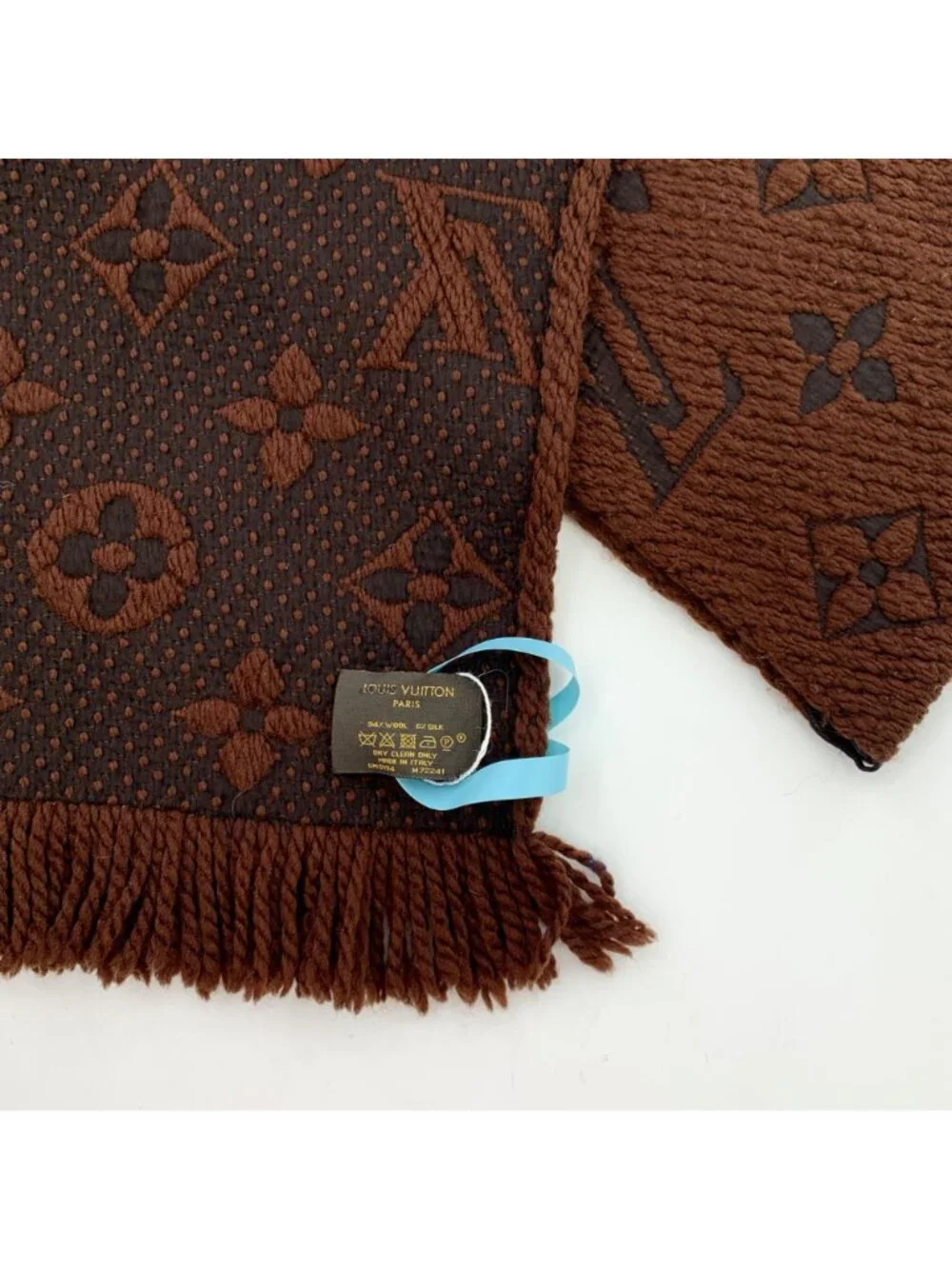 Louis Vuitton Red Brown Logo Jacquard Wool Fringe Scarf